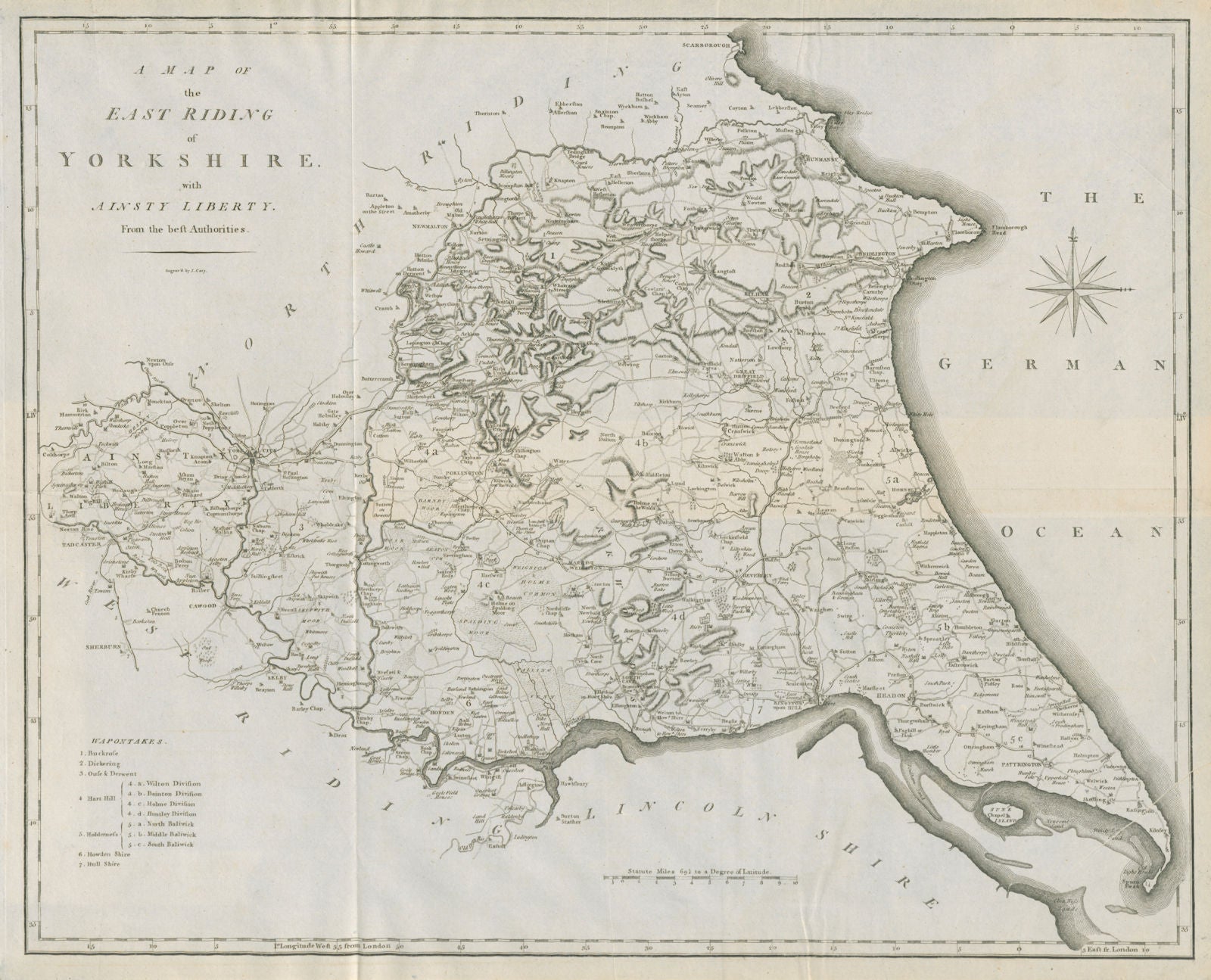 A map of the East Riding of Yorkshire with Ainsty Liberty by John CARY 1789